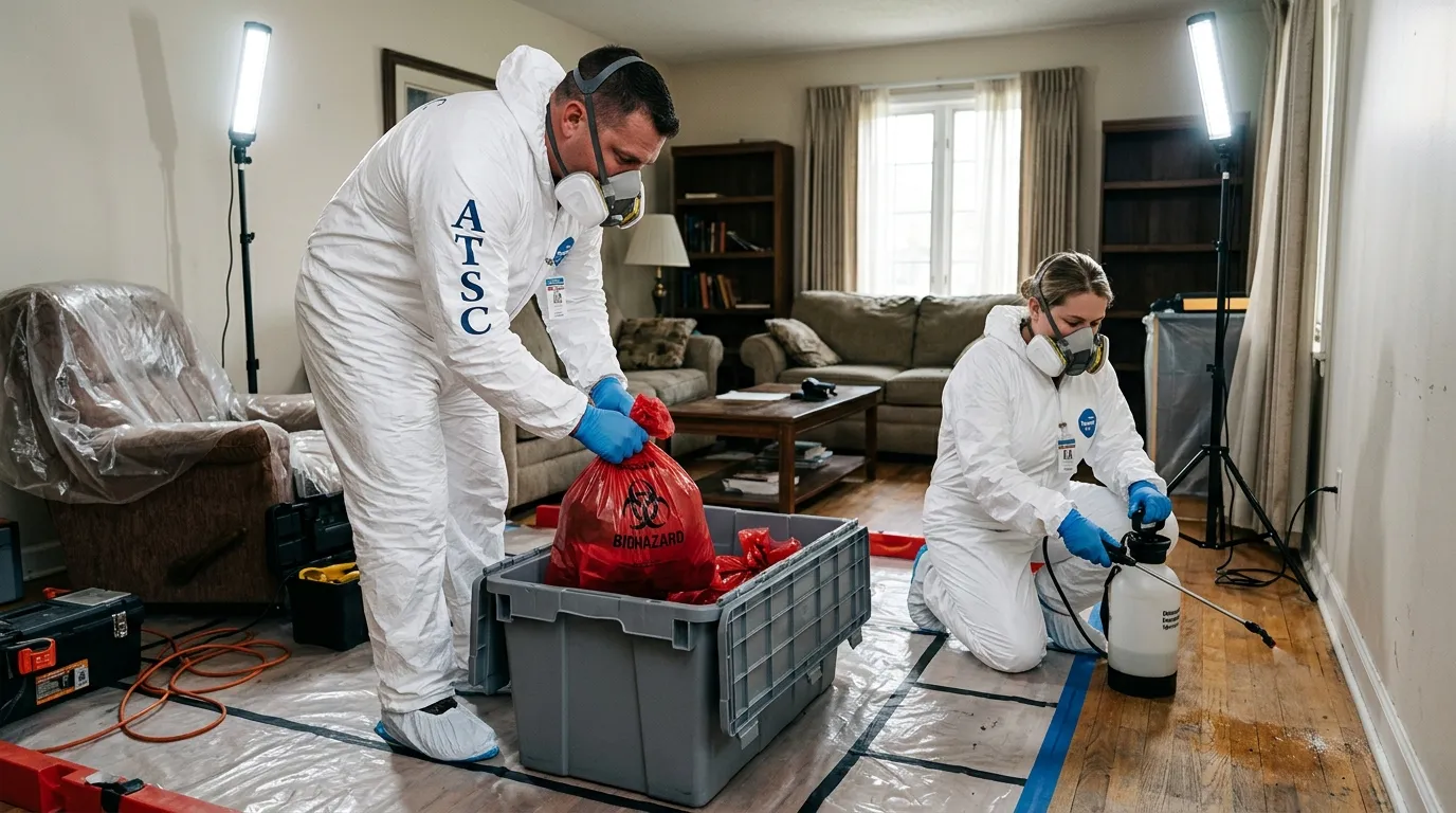 Professional Biohazard Cleanup technician in full PPE working in Hoffman Estates